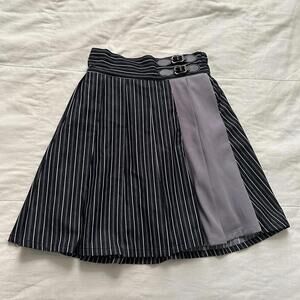 Axes Femme grey and white pinstripe pleated skirt pleather buckles detailing